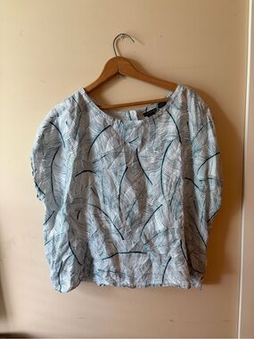 Tahari Pale Blue Leaf-Print Blouse